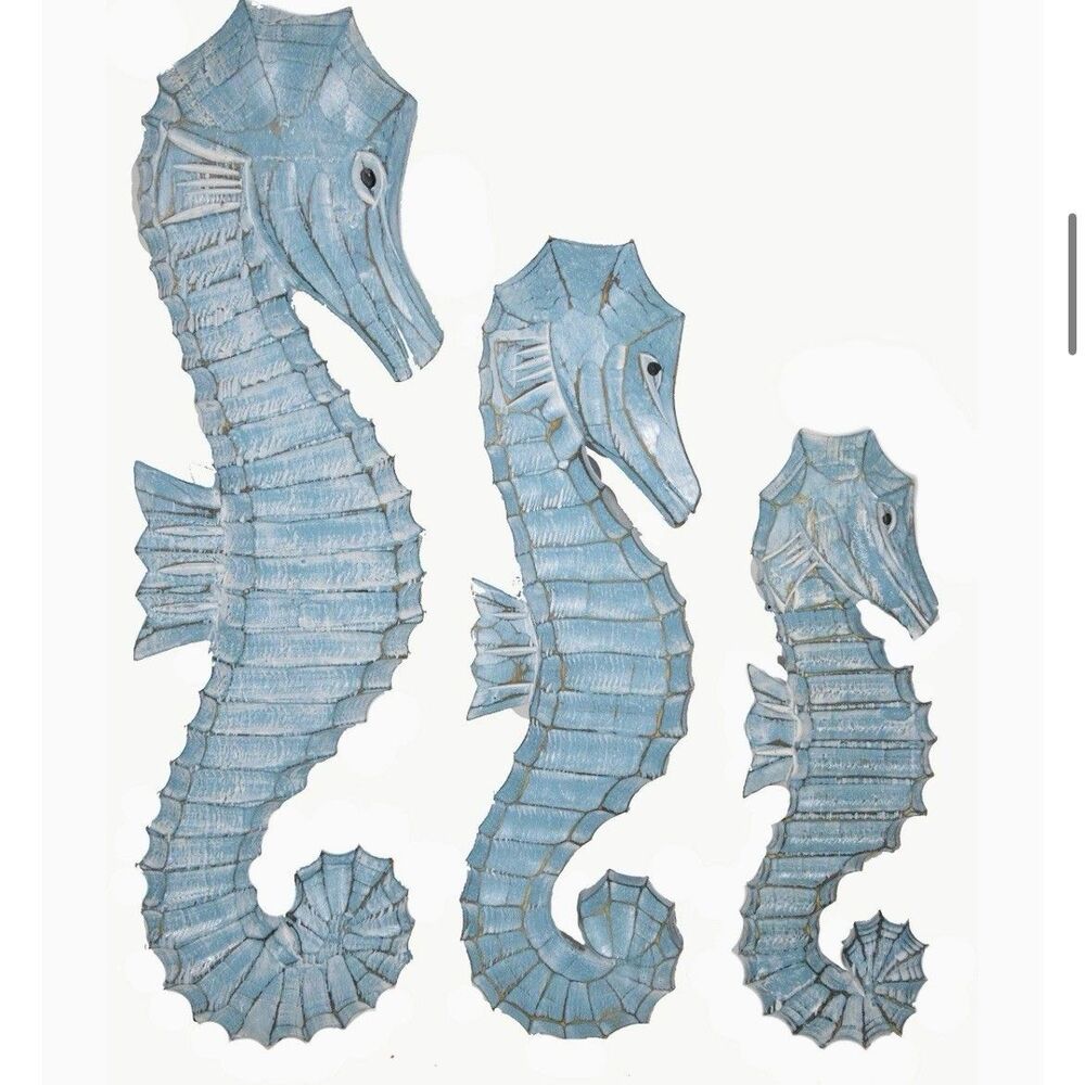 OCEAN SEAHORSES HAND CARVED TEAL PICTURE WALL PLAQUE HOME ART NAUTICAL COASTAL